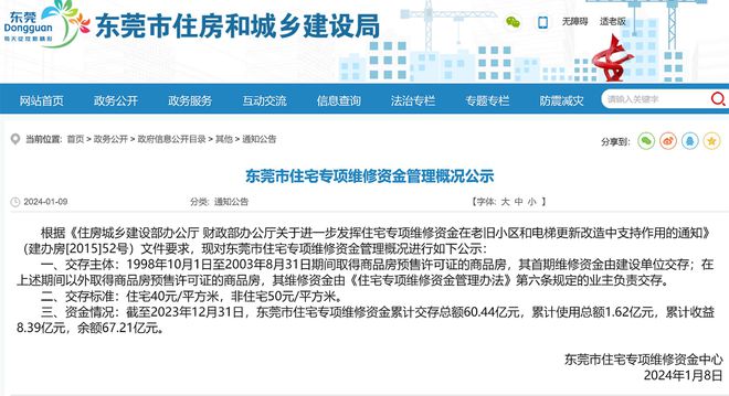东莞公示住宅专项维修资金情况:累计交存60.44亿,使用1.62亿